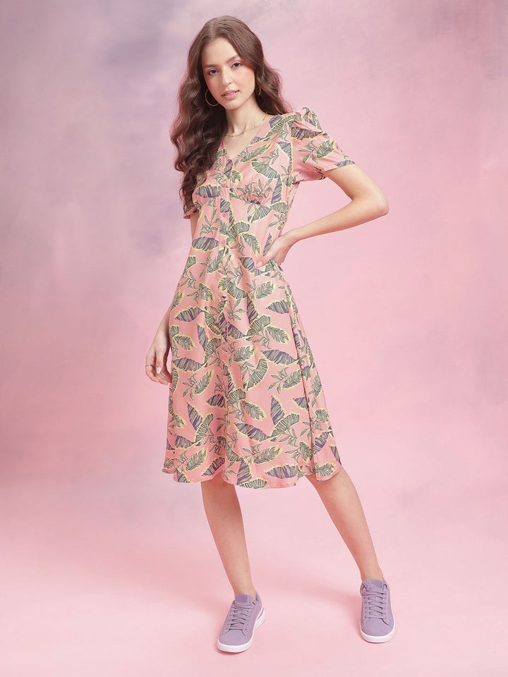 DressBerry Tropical Print Puff Sleeve Empire Midi Dress