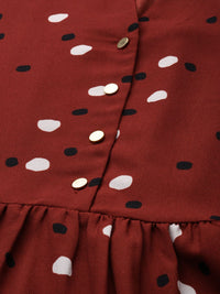 all about you Women Maroon & White Printed V-Neck A-Line Tiered Casual Dress