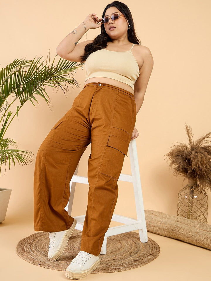 CURVY STREET Women Plus Size Brown Loose Fit Mid-Rise Plain Wide Leg Cotton Trousers