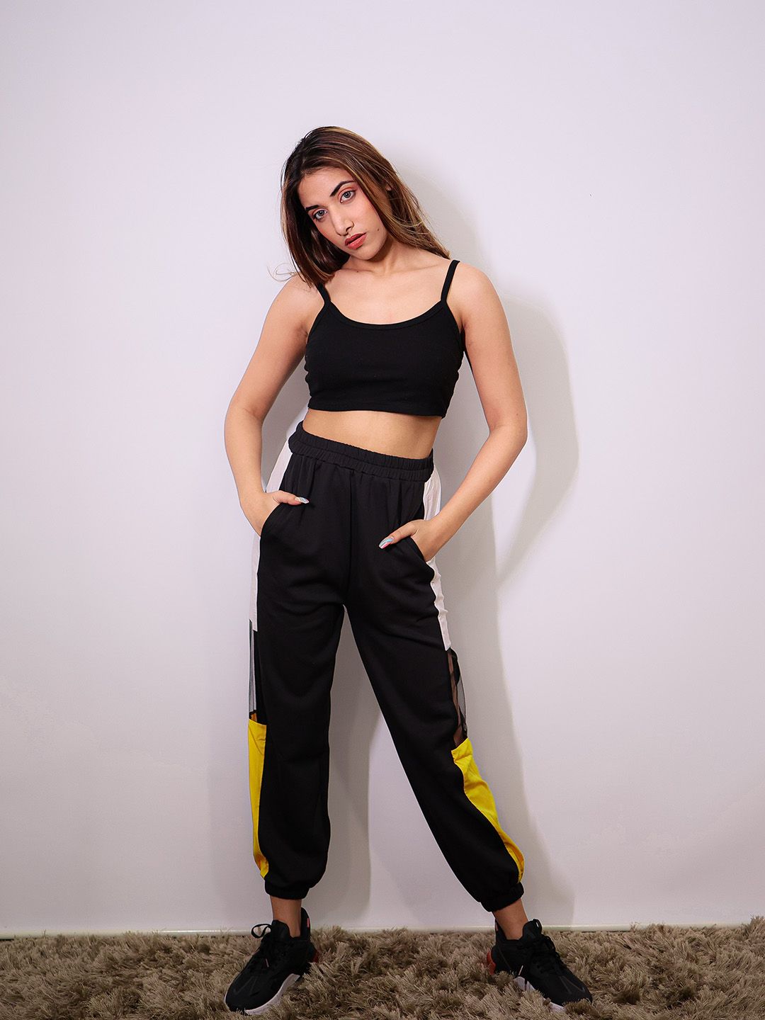 SASSAFRAS Women Black & Mustard Colourblocked Scuba Joggers