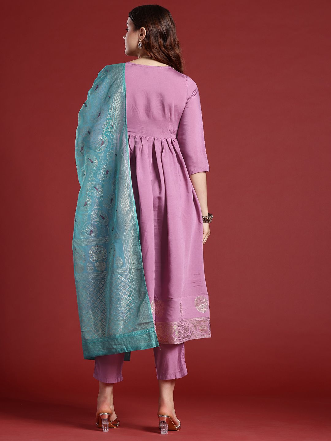 Anouk Women Floral Foil Printed Gathered Kurta With Trousers & With Dupatta