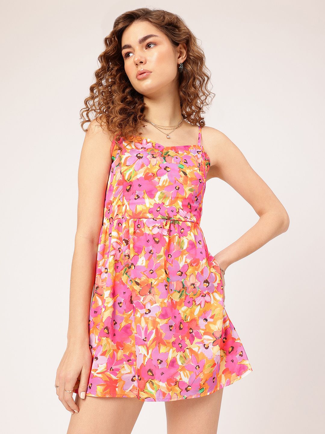DressBerry Whimsical Florals Smocked Back A-Line Mini Dress