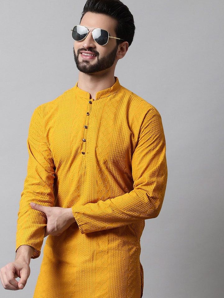Jompers Men Mustard Yellow Embroidered Pure Cotton Kurta