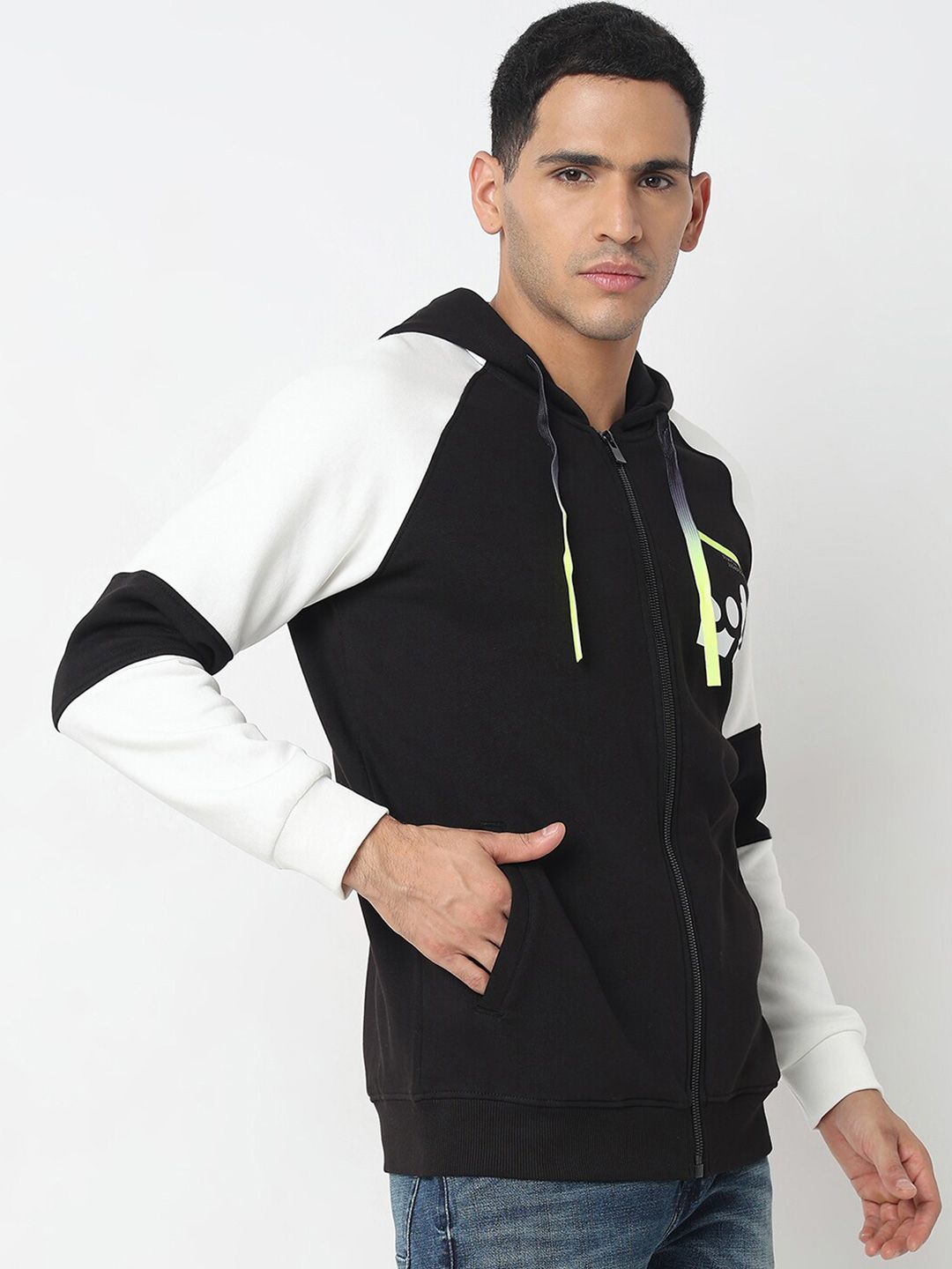 SPYKAR Colourblocked Hooded Front-Open Sweatshirt