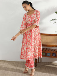 Libas Floral Printed Round Neck Three-Quarter Sleeves Panelled Kurta with Trousers