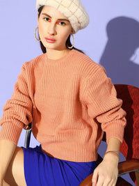 STREET 9 Women Peach-Coloured Cable Knit Crop Pullover