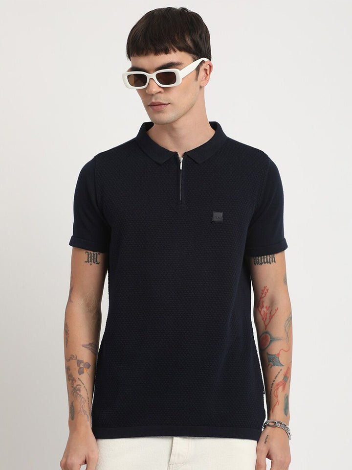 THE BEAR HOUSE Self Design Polo Collar Slim Fit Pure Cotton T-shirt