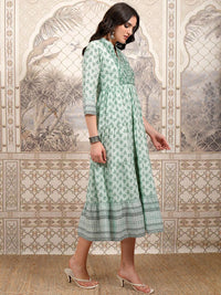 Vishudh Green Floral Printed Mandarin Collar Embroidered Tiered Fit & Flare Ethnic Dress