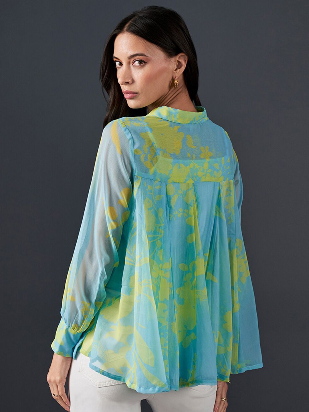 AND Abstract Printed Cuffed Sleeves Shirt Collar Style Top