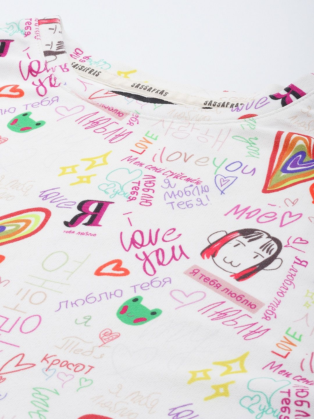 SASSAFRAS Women White & Red Typography Printed Drop-Shoulder Sleeves Boxy Crop T-shirt