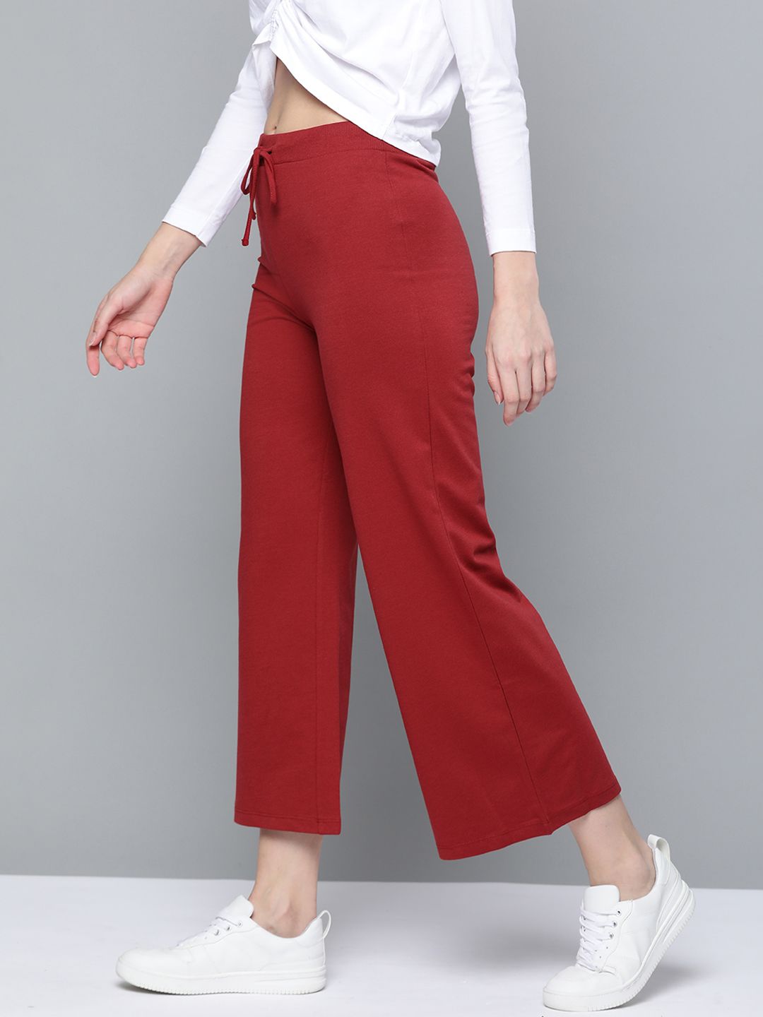 SASSAFRAS Women Red Solid High-Rise Cropped Wide Leg Track Pants