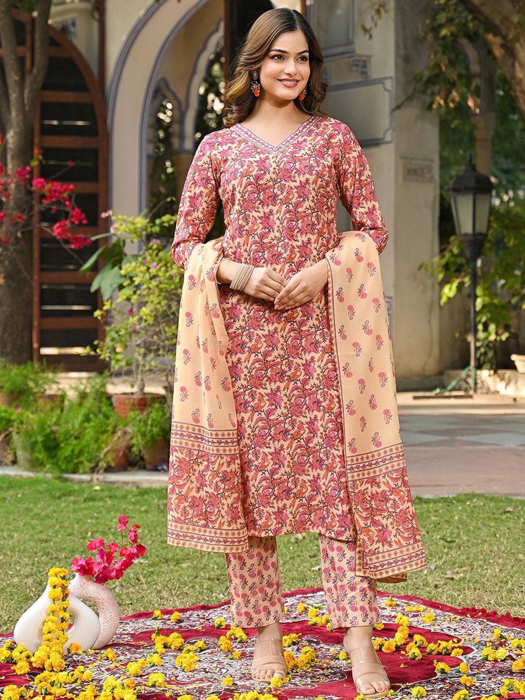 KALINI Women Floral Printed Regular Kurta with Trousers & With Dupatta