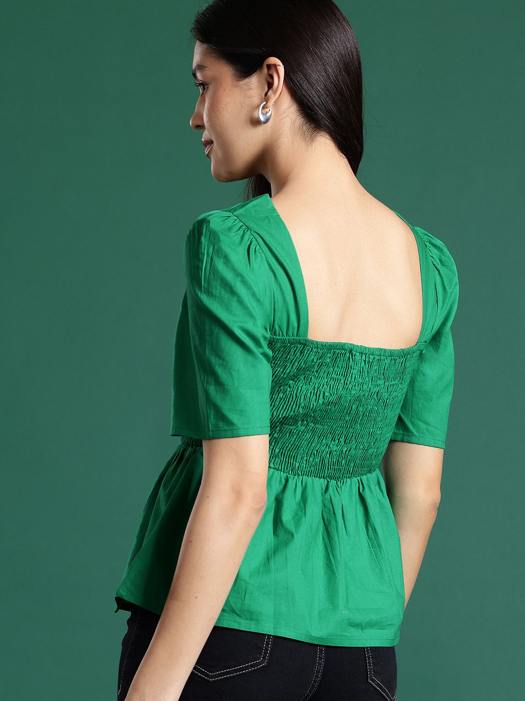 DressBerry Puff Sleeves Smocked Cotton Peplum Top