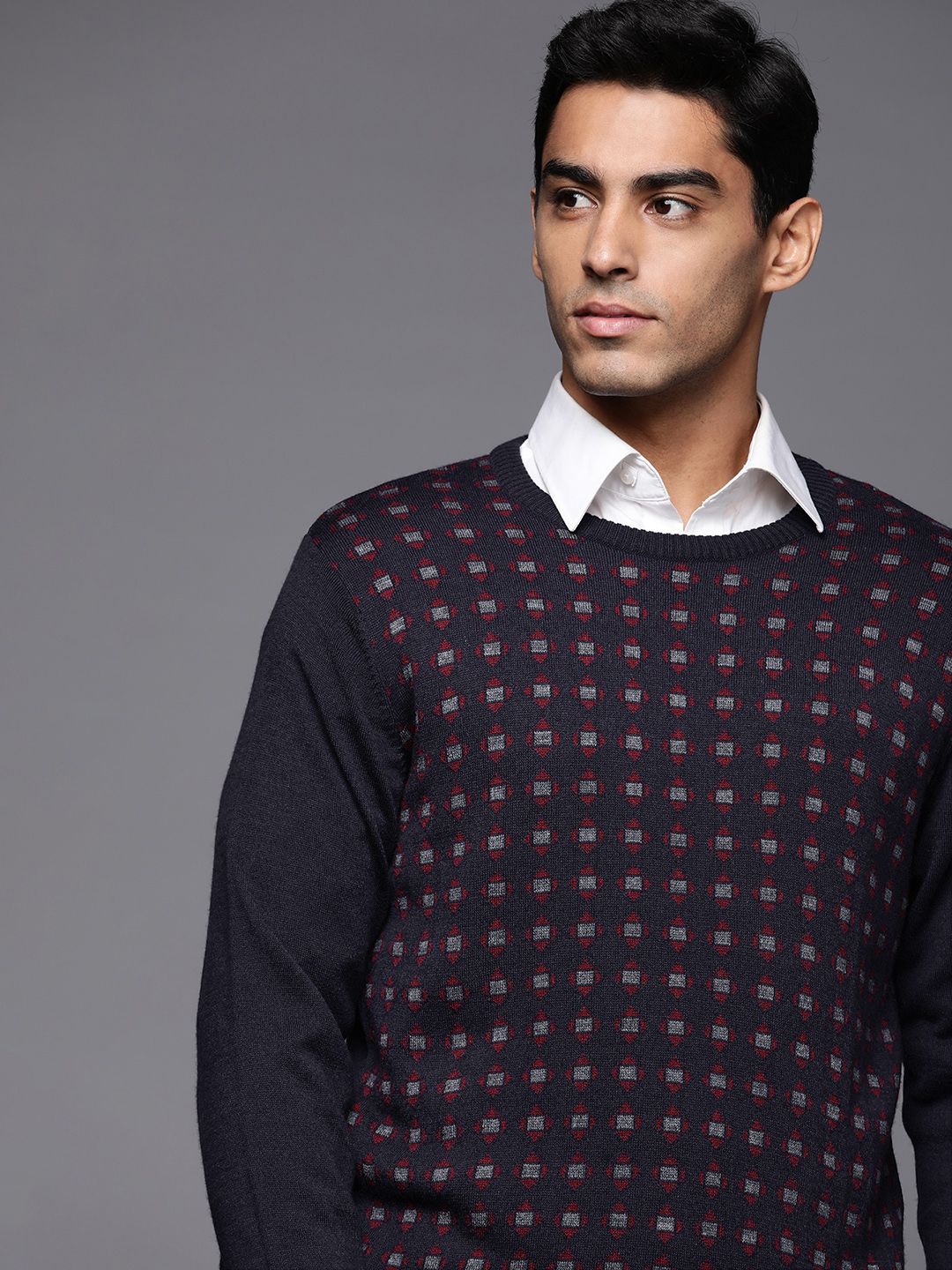 Raymond Men Navy Blue Geometric Pullover