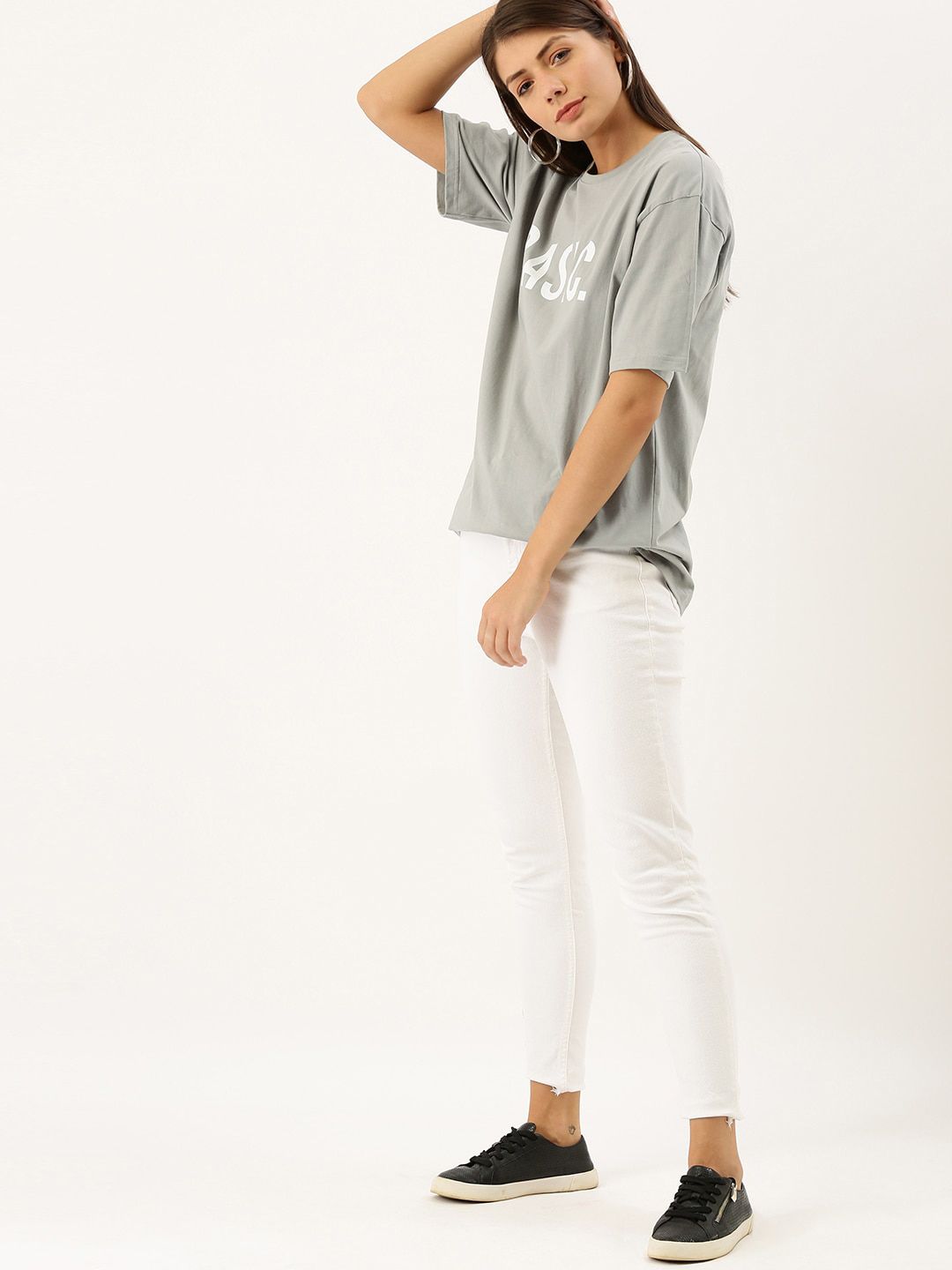 DILLINGER Women Grey Printed Oversized Longline Oversized Cotton Pure Cotton T-shirt