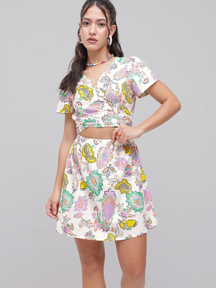 DressBerry Buta Motif Print Tie-Up Neck With Wrap Style Cut Out Detail A-Line Mini Dress