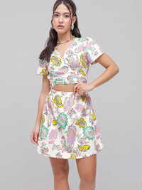 DressBerry Buta Motif Print Tie-Up Neck With Wrap Style Cut Out Detail A-Line Mini Dress