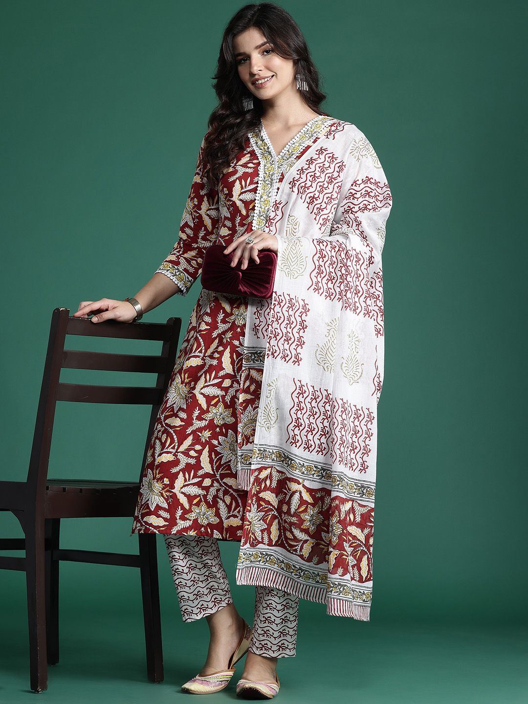 Indo Era Floral Printed Pure Cotton Kurta With Trousers & Dupatta
