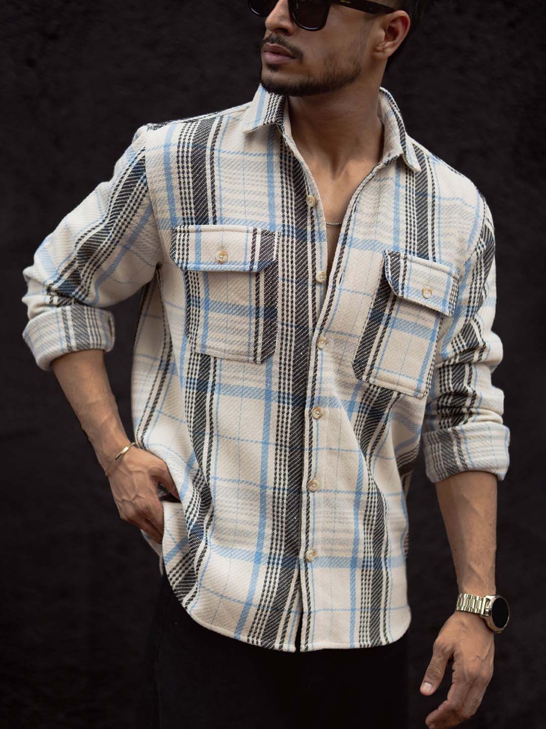 Powerlook Men Spread Collar Tartan Checked Cotton Casual Shirt