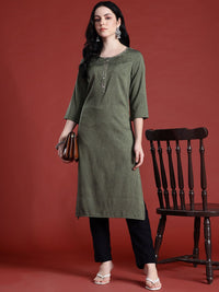 Anouk Thread Work Detail Calf Length Straight Kurta with Mock Buttons