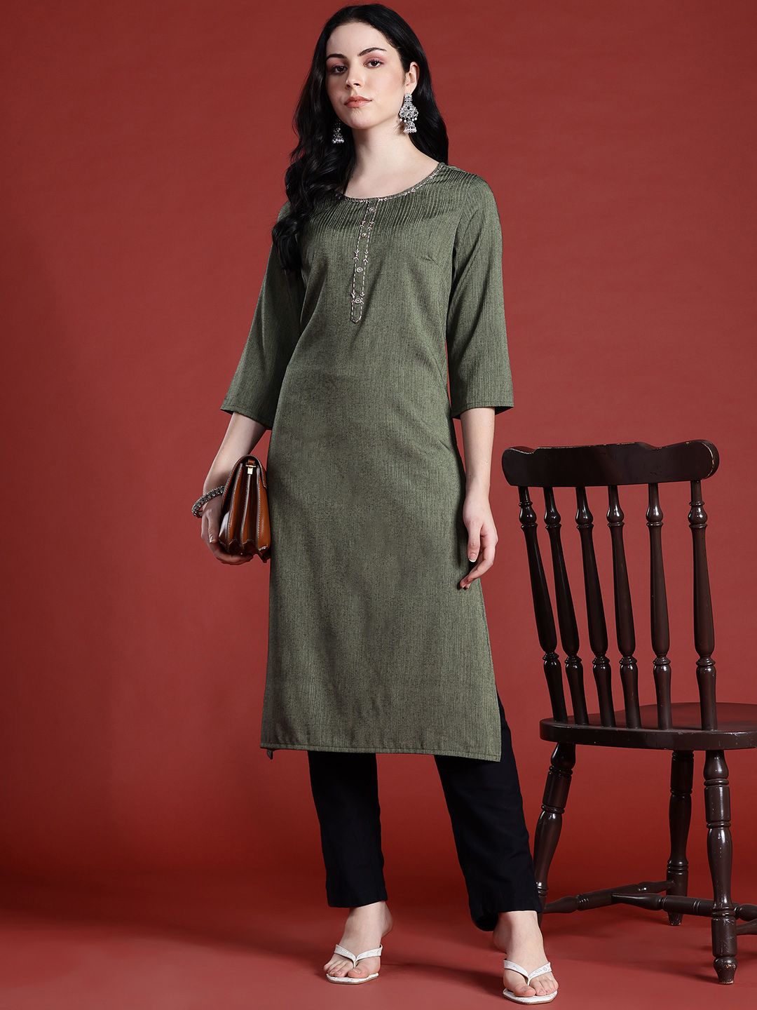 Anouk Thread Work Detail Calf Length Straight Kurta with Mock Buttons