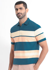 RARE RABBIT Men Albans Striped Polo Collar Slim Fit Cotton T-Shirt