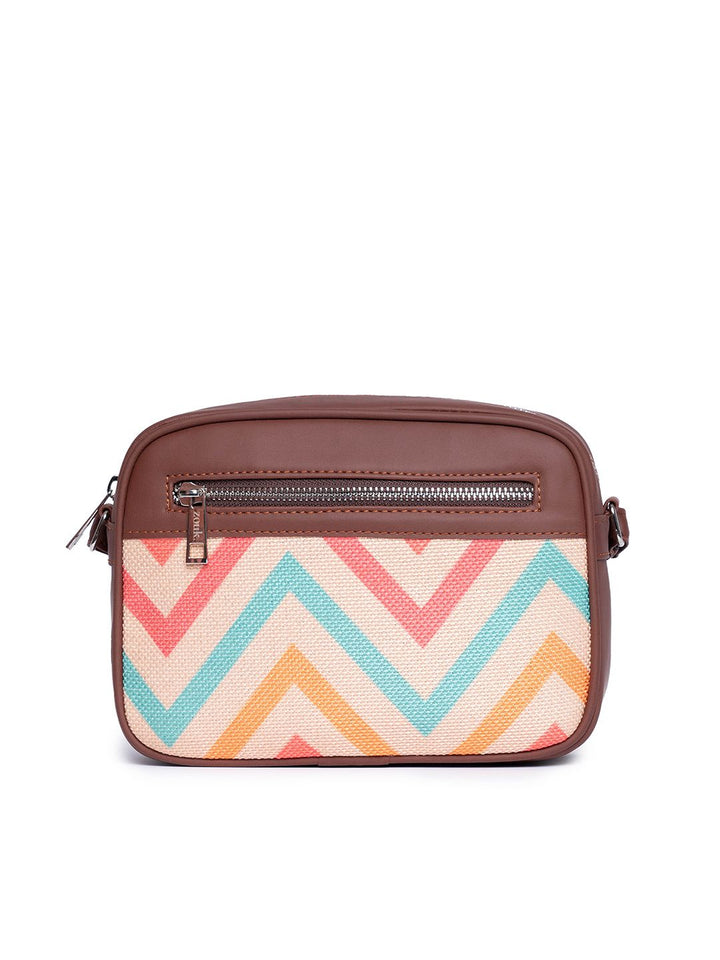 ZOUK Off-White & Pink Chevron Woven Design Handcrafted Vegan Leather Sustainable Sling Bag