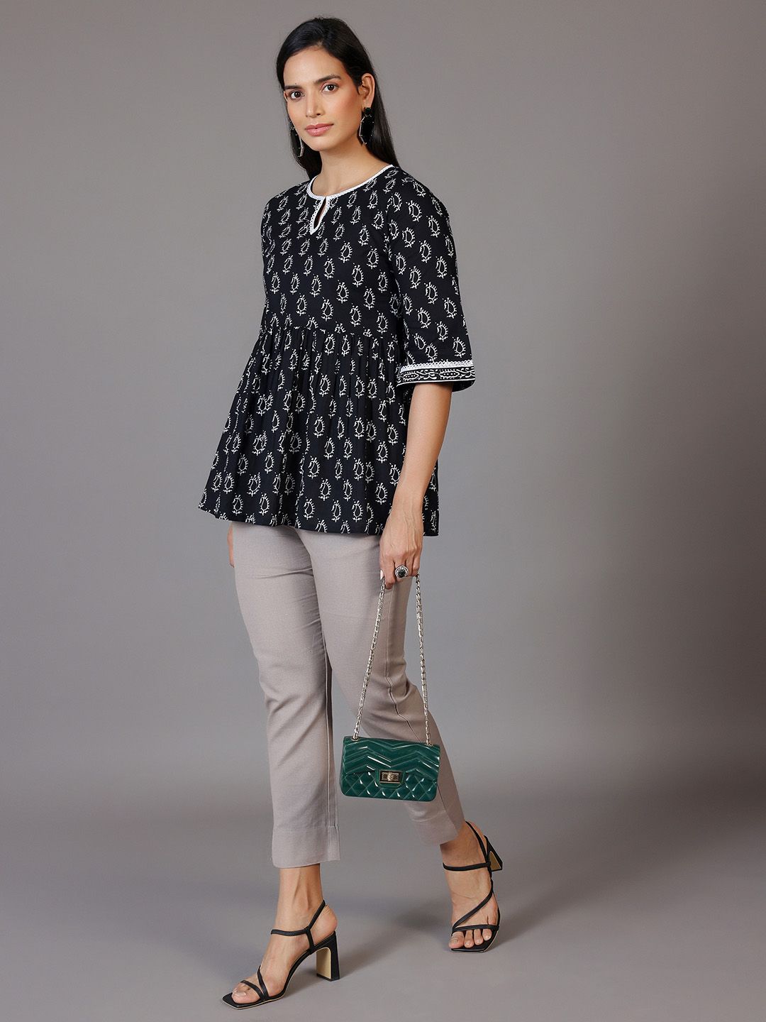 Libas Paisley Printed Keyhole neck Three-Quarter Sleeves Pure Cotton A-Line Kurti