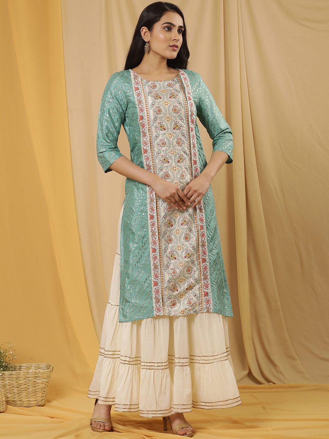W Women Ethnic Motifs Printed Sequinned Straight Kurta with Sharara