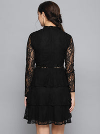 STREET 9 Women Black Floral Lace A-Line Dress