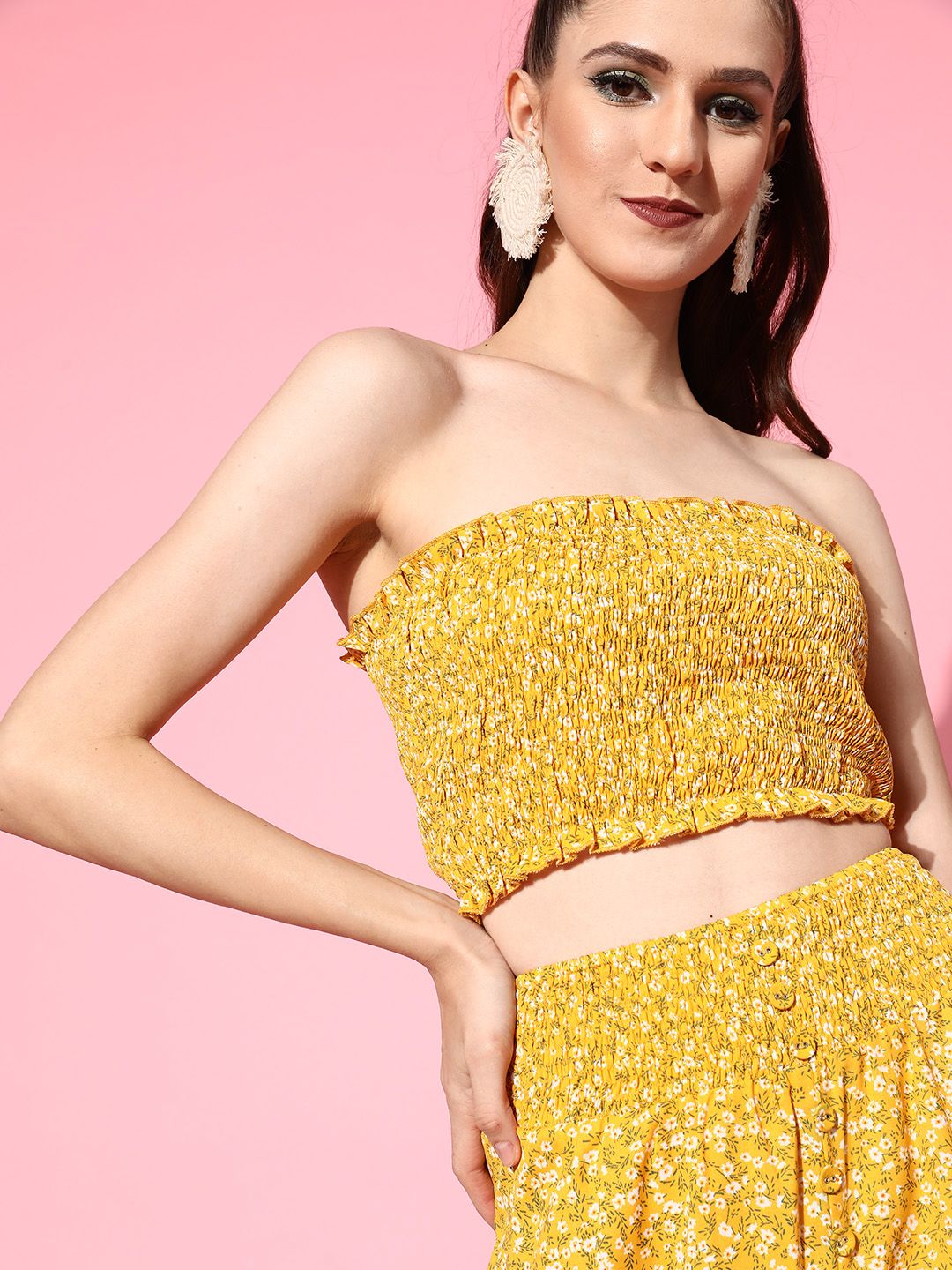 Berrylush Women Bright Yellow Printed Top with Skirt