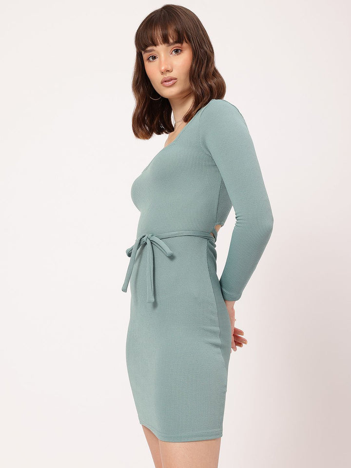 DressBerry Cute Feminine Ribbed Waist Tie-Up & Cut Out Detail Bodycon Dress