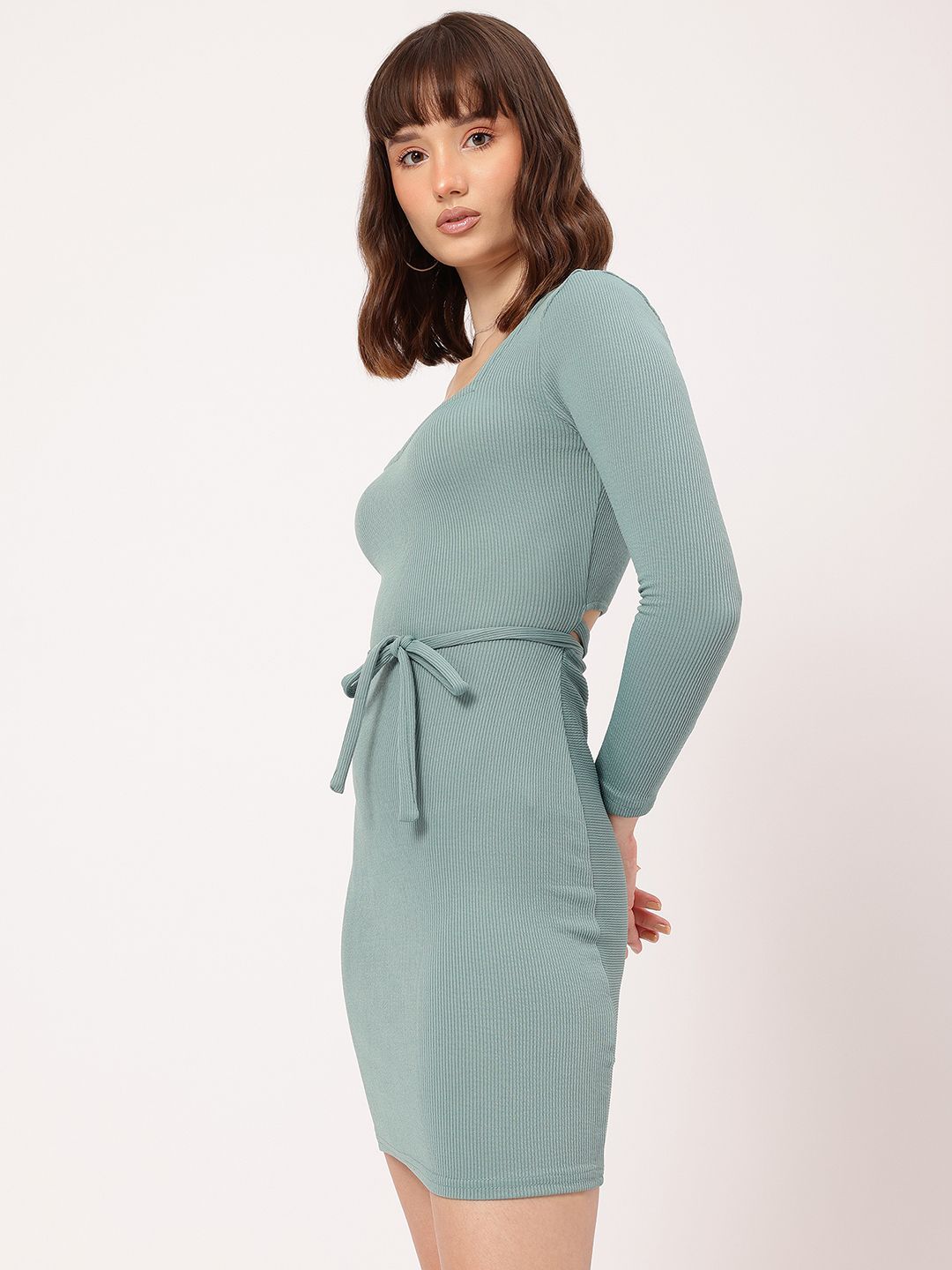 DressBerry Cute Feminine Ribbed Waist Tie-Up & Cut Out Detail Bodycon Dress