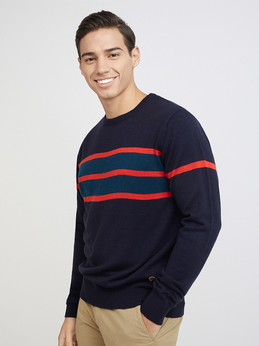 Raymond Men Navy Blue & Red Striped Pullover