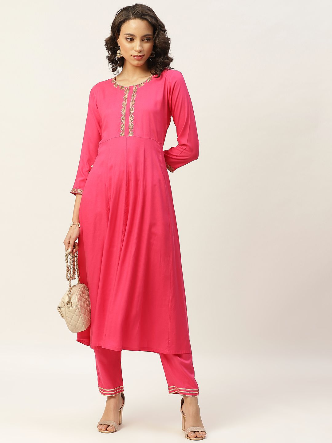 Shae by SASSAFRAS Women Fuchsia Embroidered Yoke Design Anarkali Kurta with Trousers