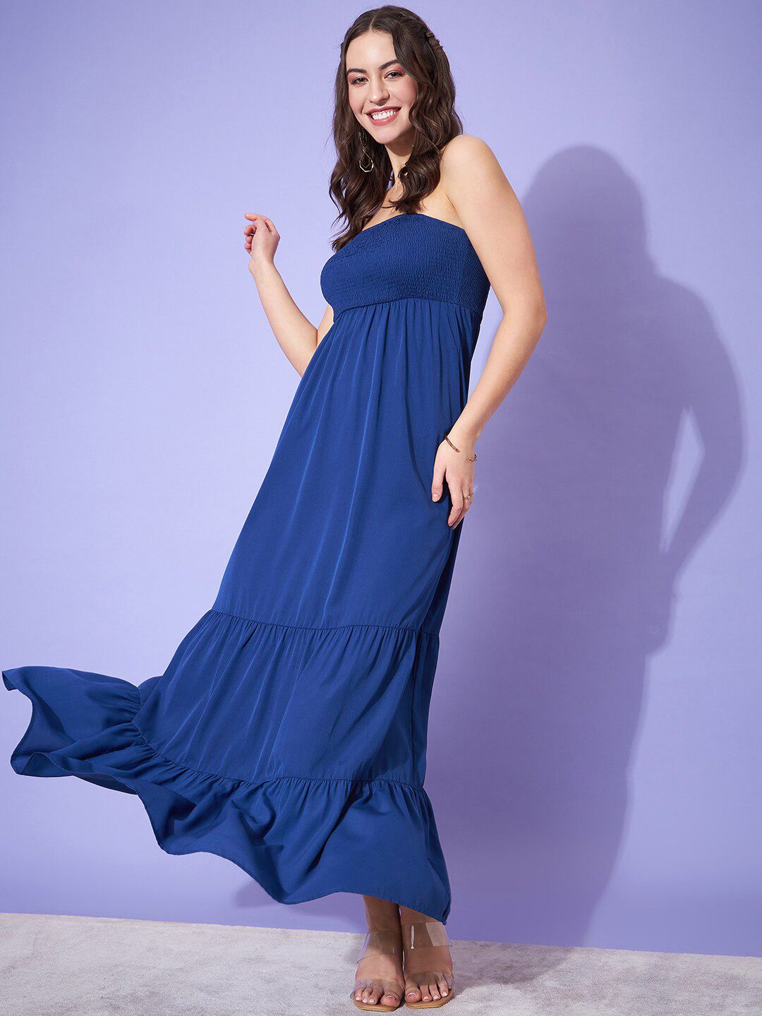 Berrylush Blue Strapless Smocked A-Line Maxi Dress
