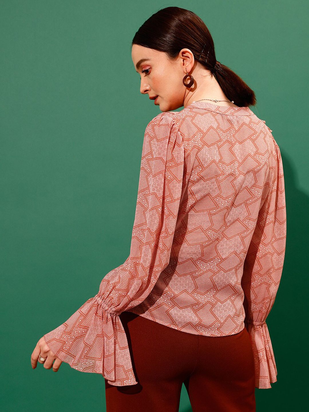 STREET 9 V-Neck Geometric Printed Shirt Style Sheer Ruffled Top