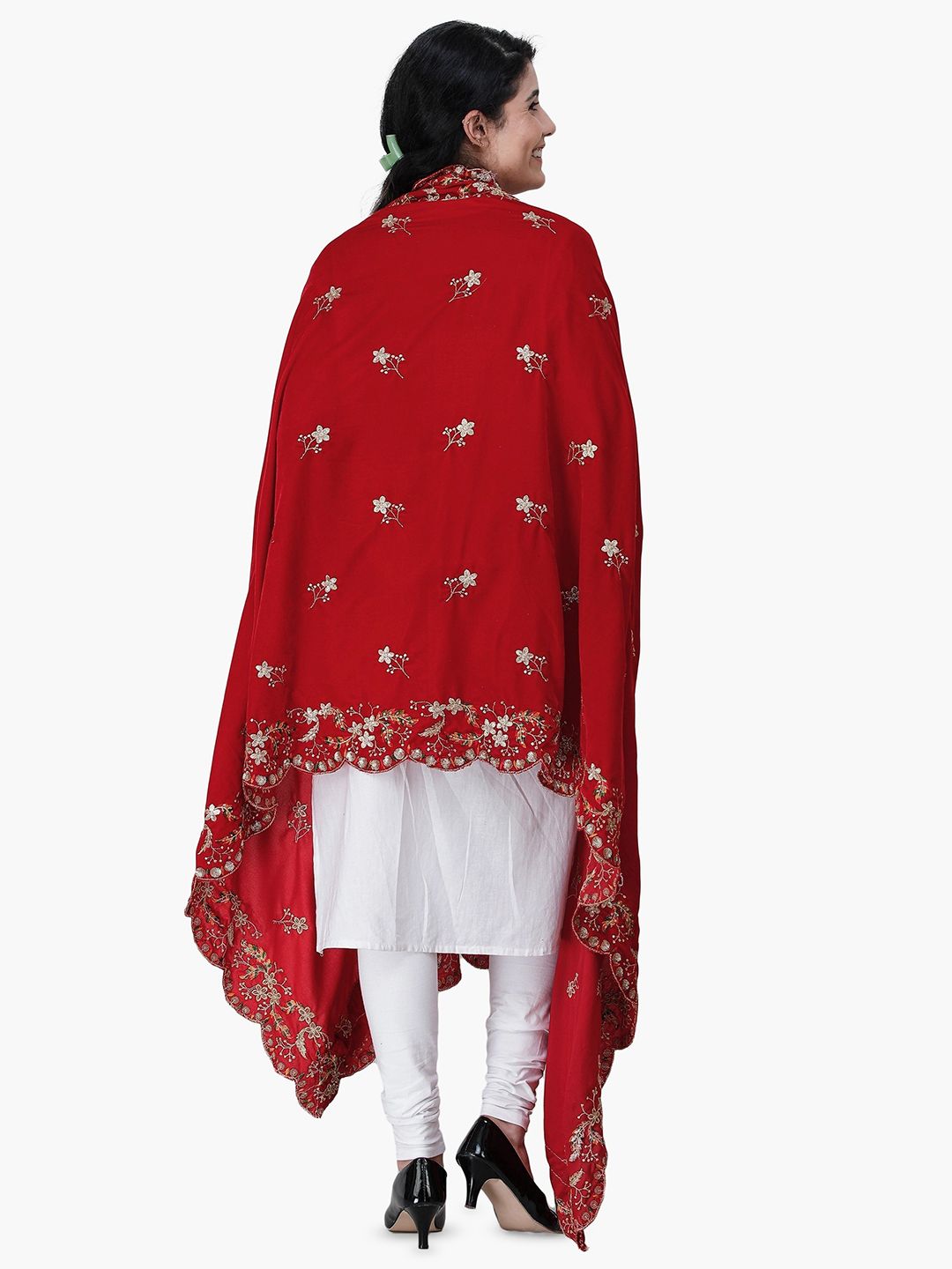 Exotic India Garnet Velvet Dupatta with Embroidered Flowers and Sequins