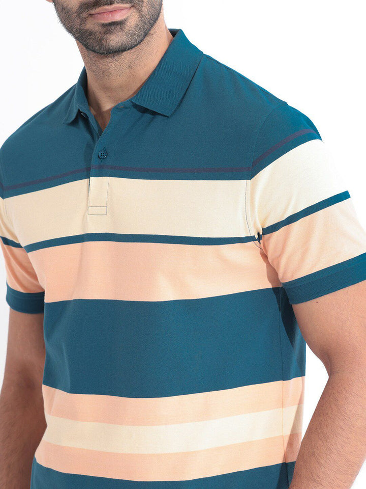 RARE RABBIT Men Albans Striped Polo Collar Slim Fit Cotton T-Shirt