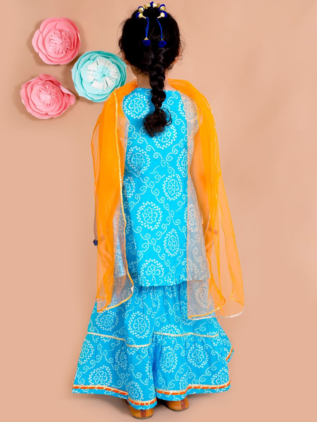 pspeaches Girls Blue Bandhani Printed Panelled Gotta Patti Pure Cotton Kurti with Sharara & With Dupatta
