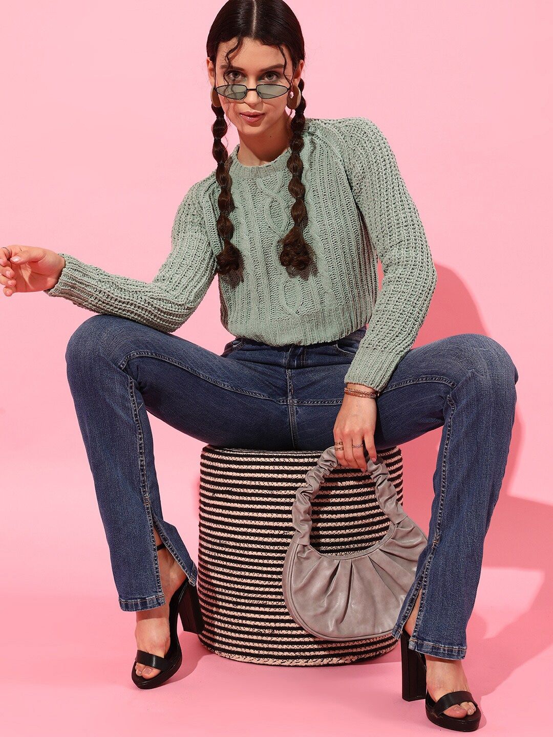 STREET 9 Women Green Cable Knit Acrylic Pullover