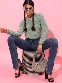 STREET 9 Women Green Cable Knit Acrylic Pullover