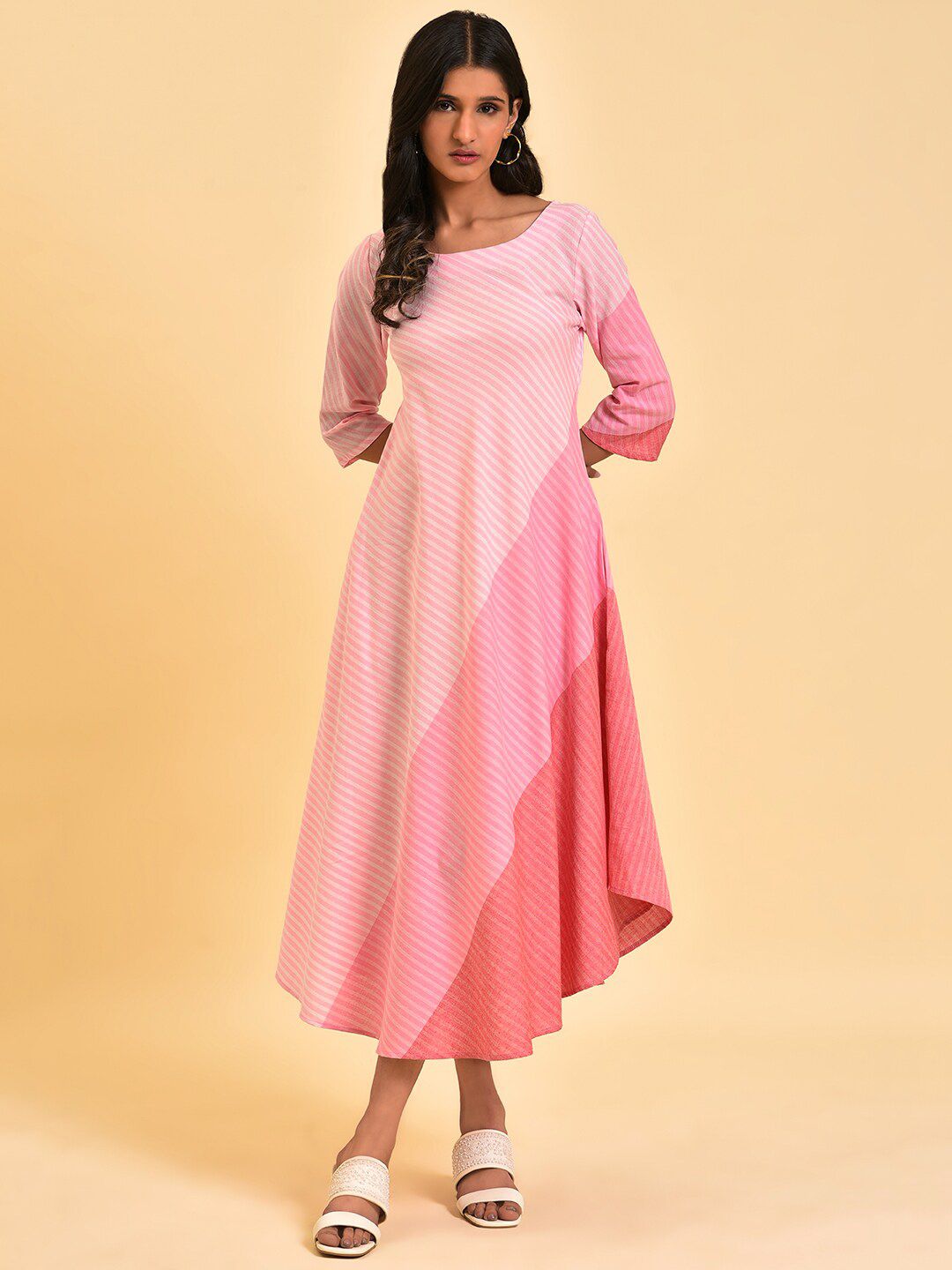 W Pink & Peach Coloured Colourblocked A Line Pure Cotton Midi Dress