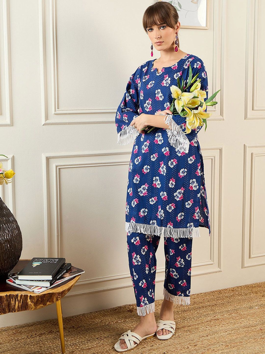 Indo Era Floral Printed Pure Cotton Tunic & Trouser Co-Ords