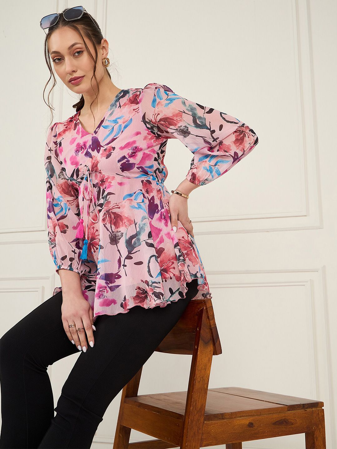 Antheaa Floral Print Puff Sleeve Chiffon Empire Top