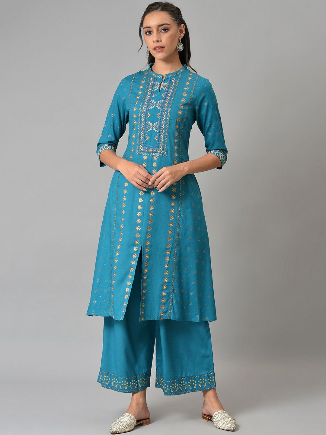 W Women Geometric Printed Panelled Kurta with Palazzos