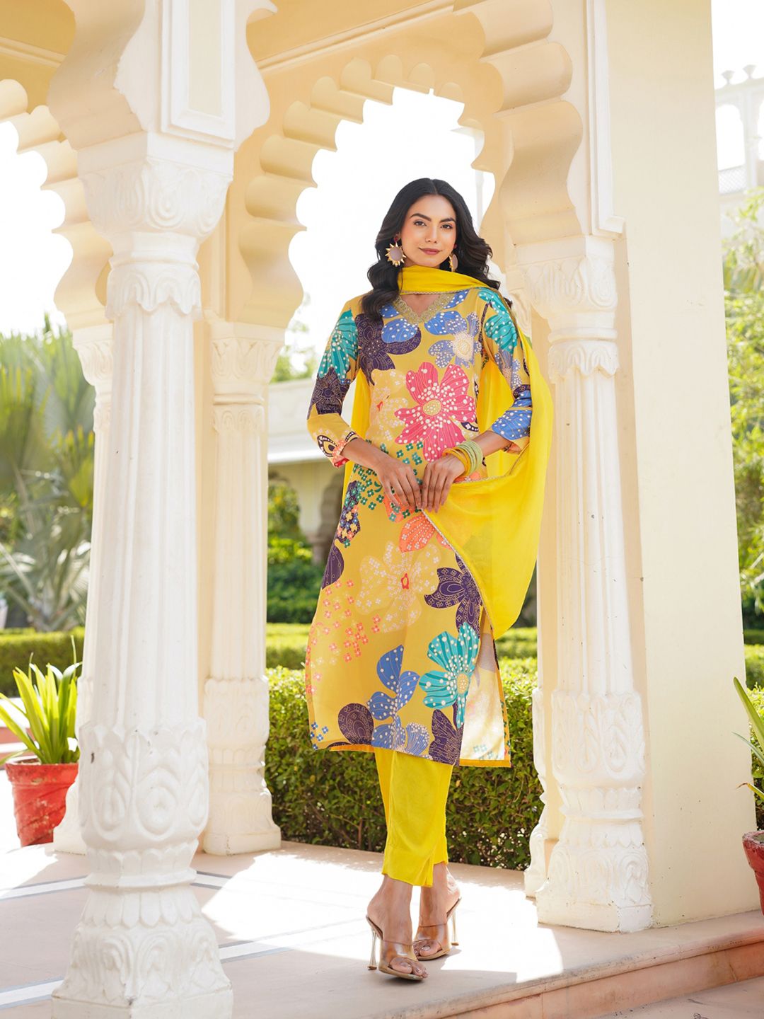 KALINI Floral Printed V-Neck Straight Kurta With Trousers & Dupatta
