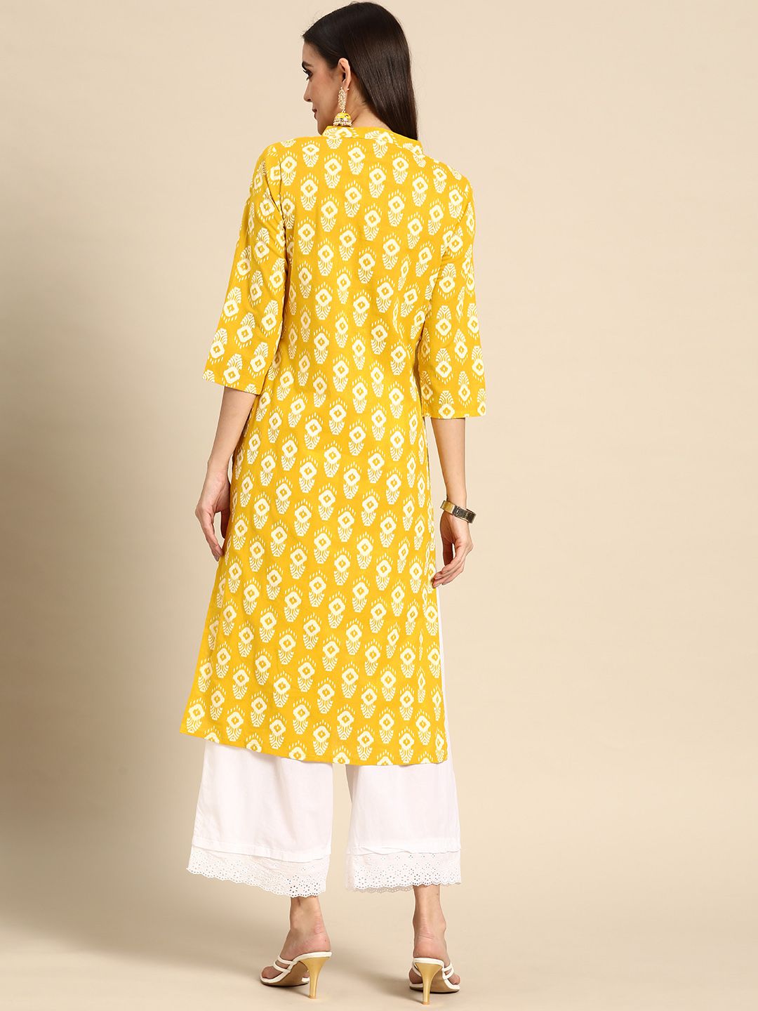 Anouk Women Mustard Yellow & Off White Pure Cotton Ethnic Motifs Printed Kurta