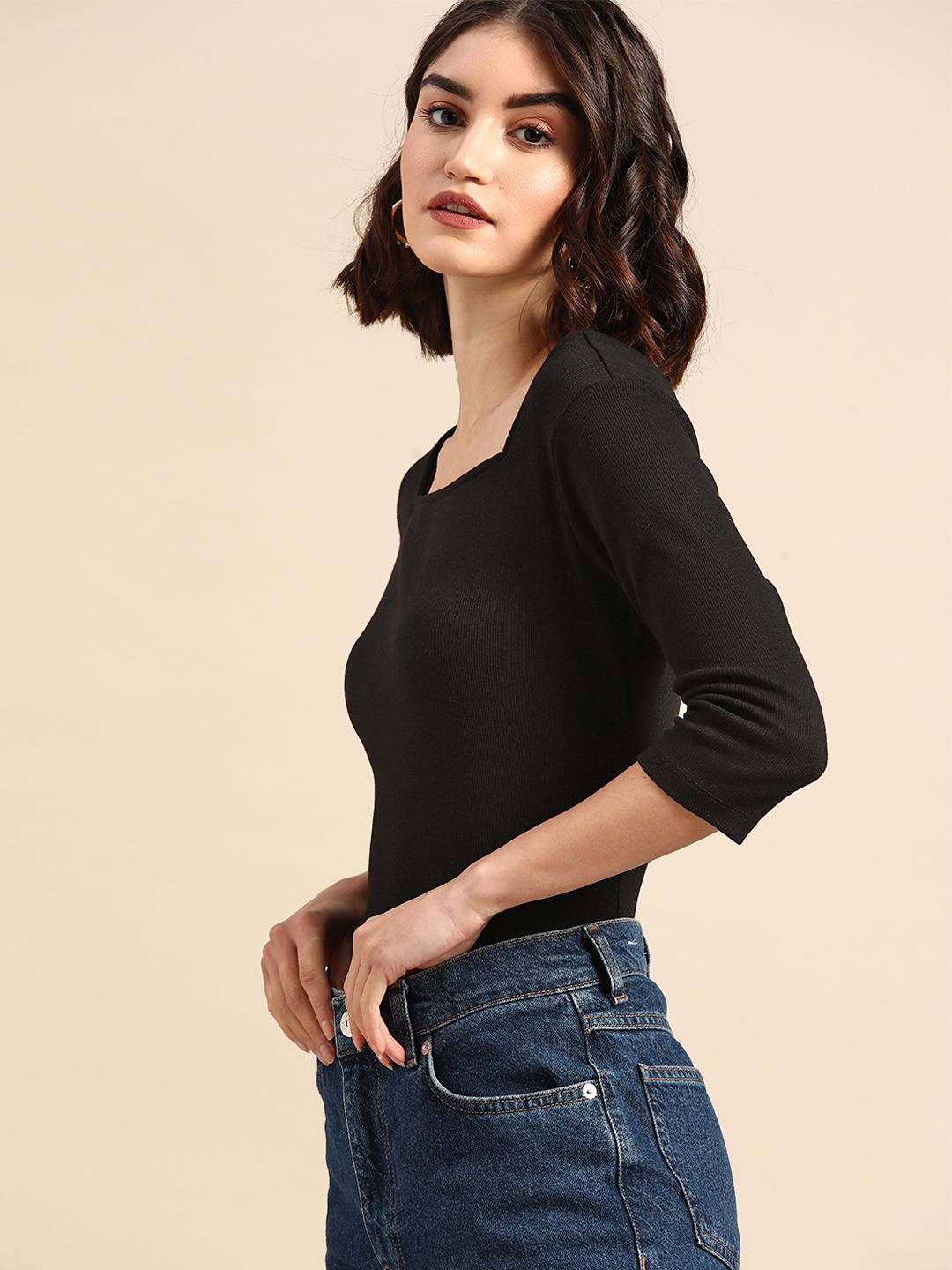 all about you Women Black Solid Square Neck Top