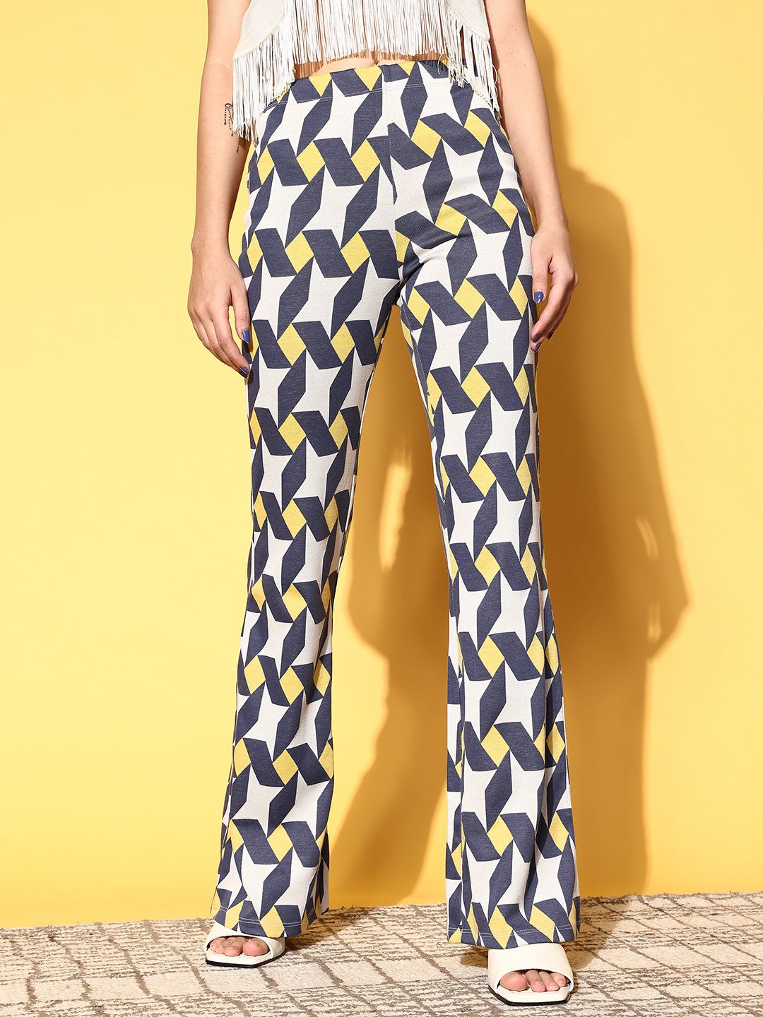 SASSAFRAS Women Navy Blue Geometric Indie Gal Trousers